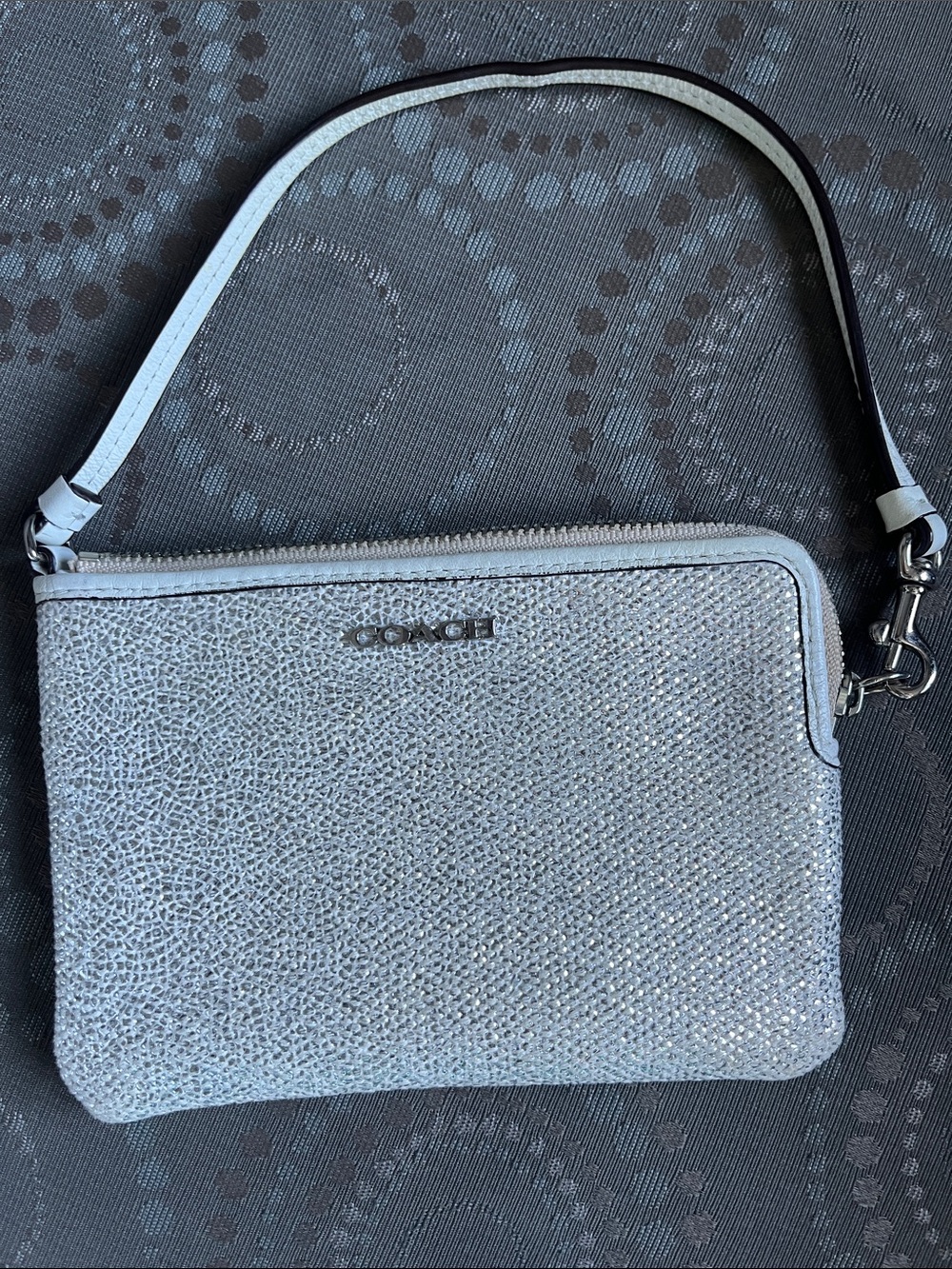 Coach Silver Glitter Corner Ziip Wristlet Clutch